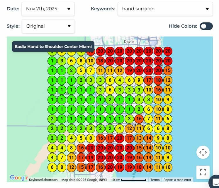 Heatmap showing hand surgeon keyword ranking around Badia Hand to Shoulder Center, Miami. {{brizy_dc_image_alt imageSrc=