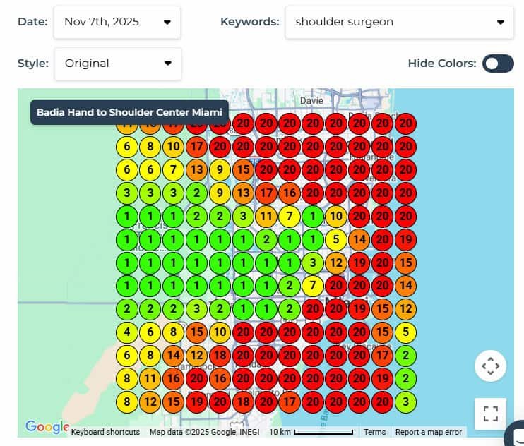 Heat map showing search rankings for shoulder surgeon around Badia Hand to Shoulder Center Miami on Nov 7, 2025. {{brizy_dc_image_alt imageSrc=