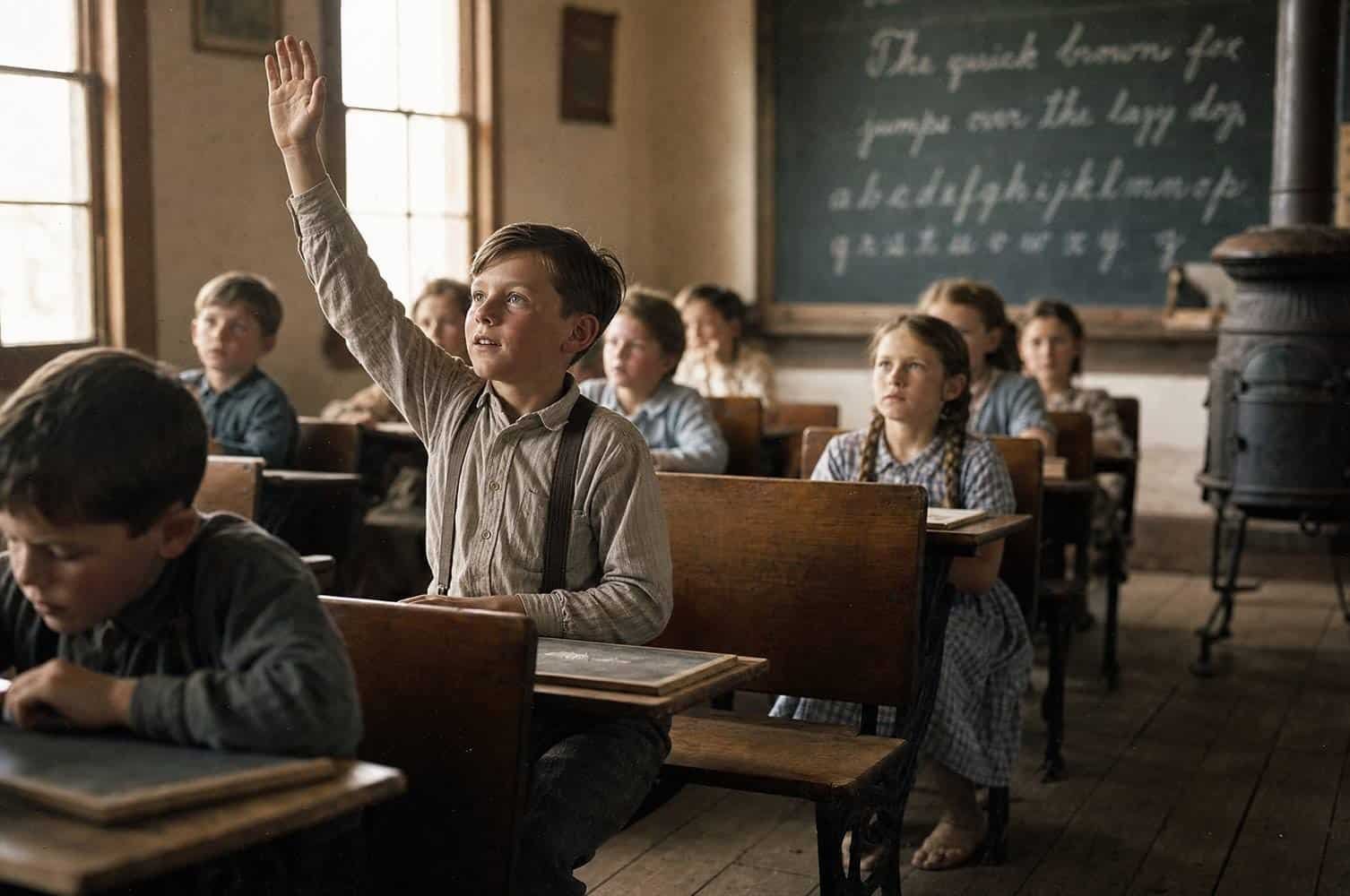 TrustCasting Classroom Learning Young student raising hand in classroom during lesson.