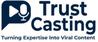 TrustCasting logo featuring a microphone and play button icon, emphasizing viral content expertise.